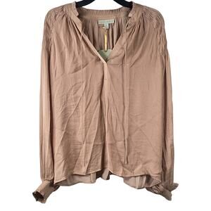 Ryegrass Top Women's Size Medium Taupe Brown Peasant Top Smocked Long Sleeve NEW